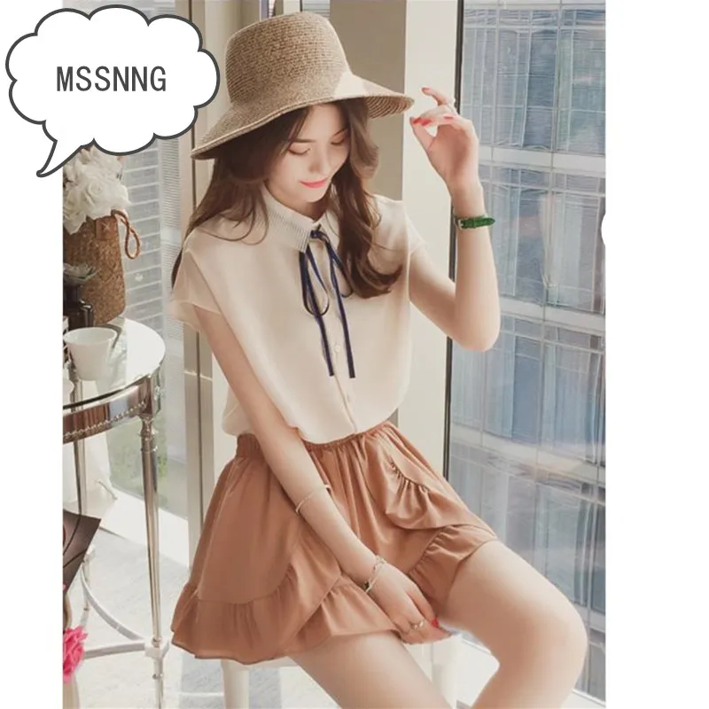 Свободная маленькая свежая шифоновая рубашка с коротким рукавом и бантом