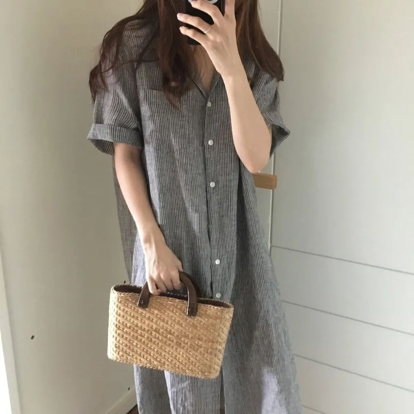 Женское платье-рубашка с отложным воротником повседневное однобортное платье