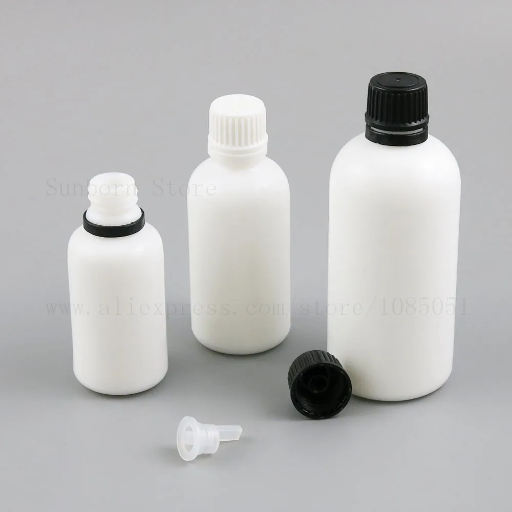 

15pcs New High Quality empty glass bottle 1oz 30ml 50ml 100ml White Glass Essential Oil e liquid Bottle With white black Cap