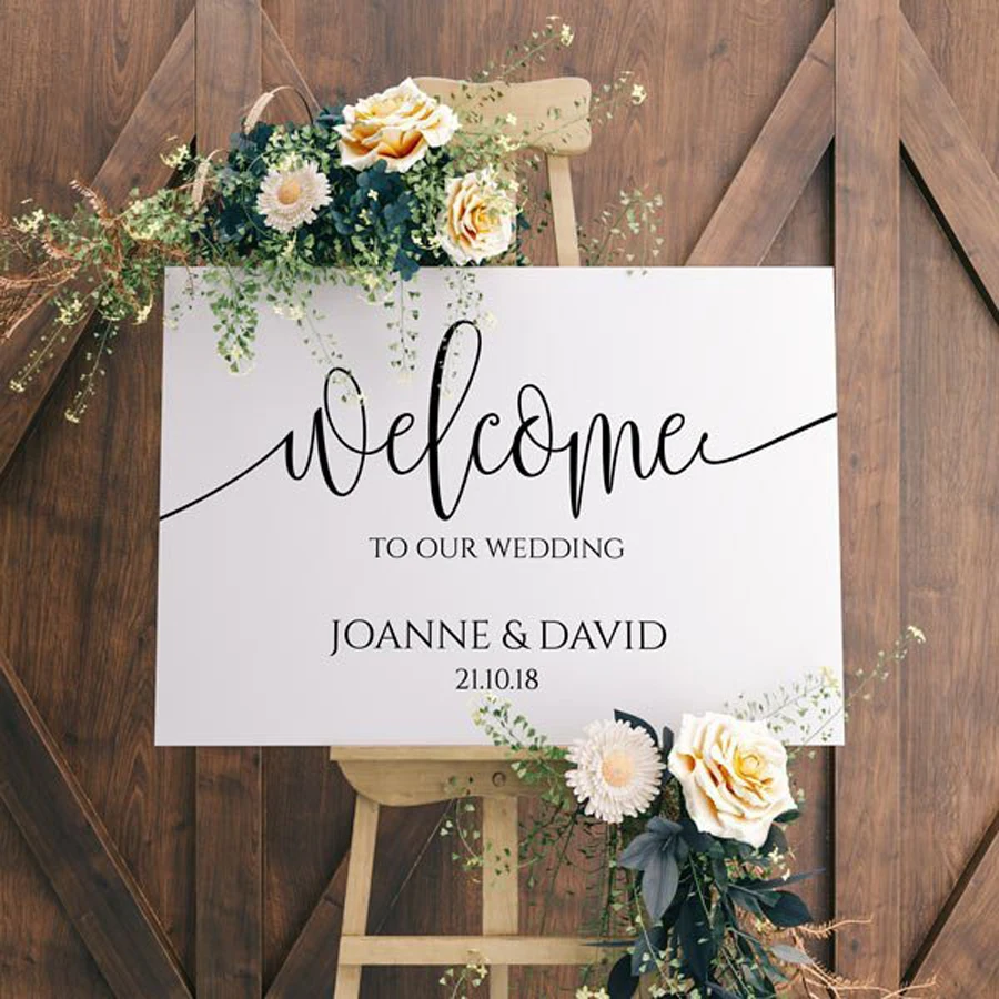 

Welcome To Our Wedding Sign Vinyl Decal Wooden Mirror Personalise Bride Groom Names Wall Sticker Rustic Wedding Decoration LW103