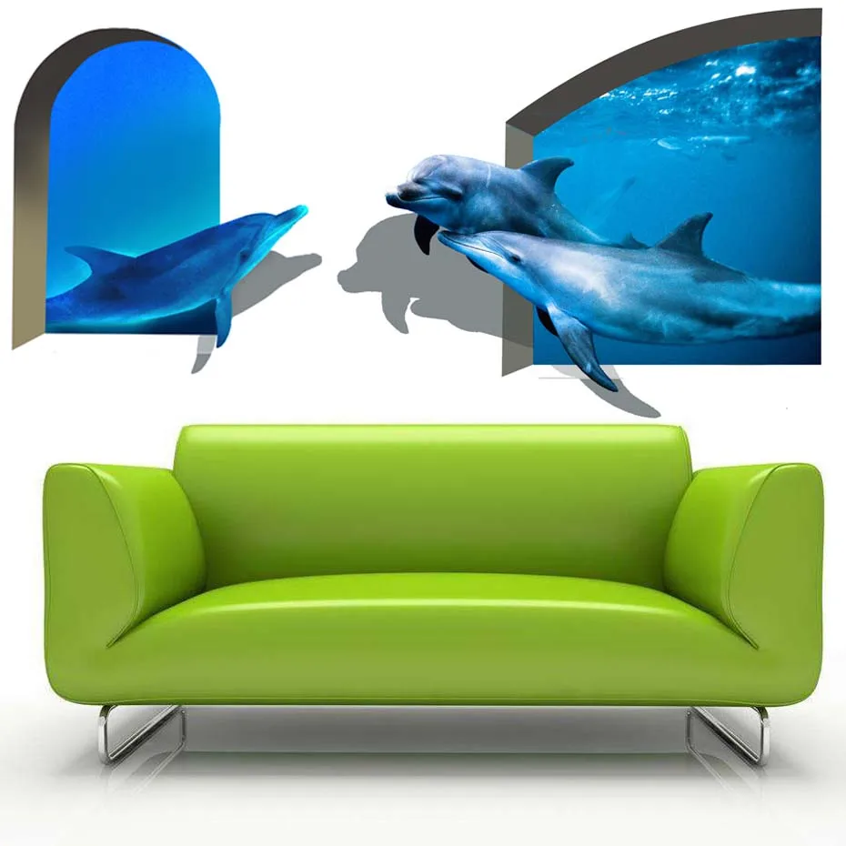 Дельфин Swimmining Подводные милые наклейки на стены Яркие 3D наклейки на стены с животными для гостиной, детской комнаты, спальни, украшения для дома