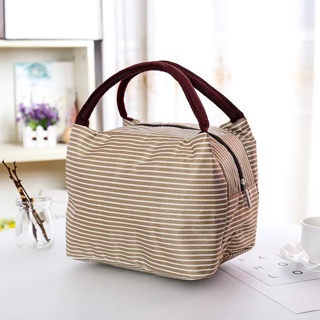 Waterproof Canvas Insulated Lunch Bag Aluminum Foil Stripe Handbags Food Storage Cooler Ice Bag Unisex Portable Lunch Box Tote - Цвет: khaki