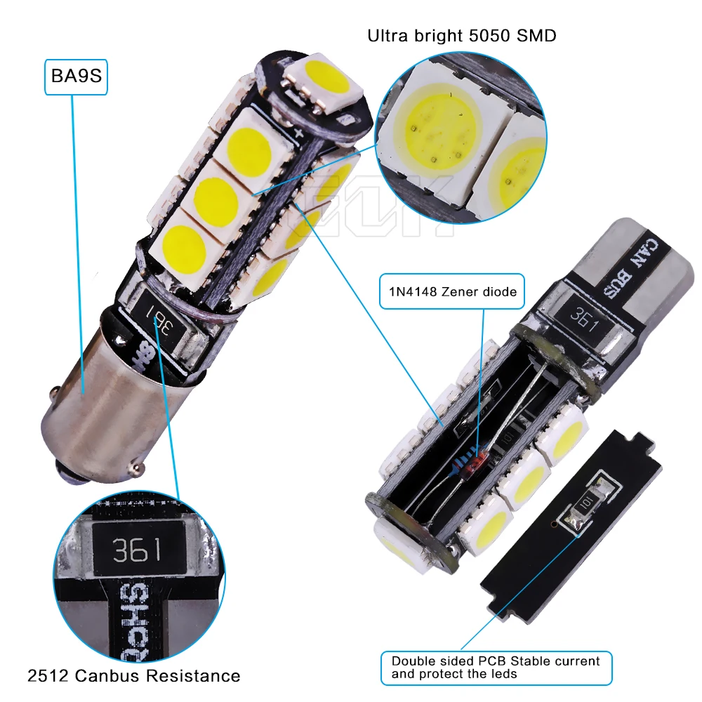 10 шт. светодиодный canbus BA9S светодиодный 13smd 5050 Светодиодный свет T4W H6W светодиодный лампы Подсветка салона ошибок светодиодный Автомобильная фара