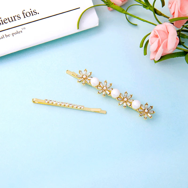 Корейские 2 шт. Асимметричные заколки для волос золотого цвета стеклянные цветы