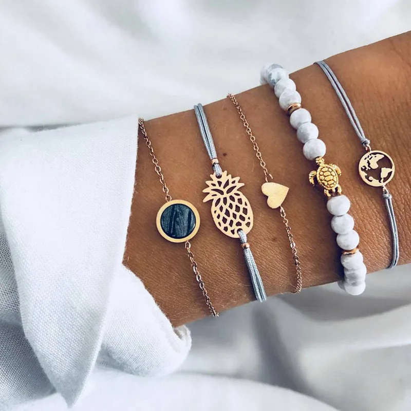 Rinhoo Retro Bracelet Sets Map Heart Love Women Bead Gem Leather Chain Set Personality Girl Beach Gift | Украшения и аксессуары
