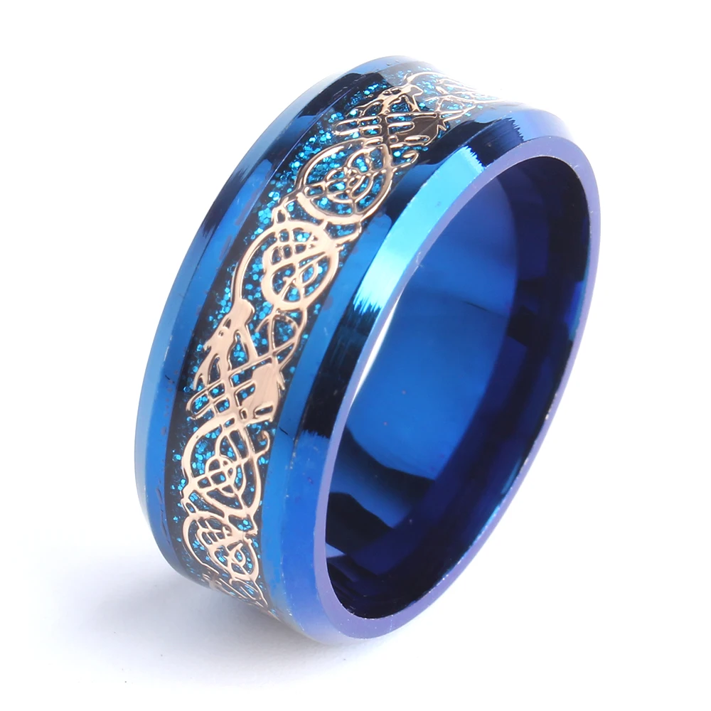 8 мм Синий углеродное волокно золотой дракон свадебные кольца для мужчин 316L из