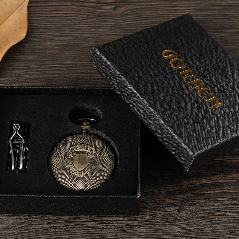 Luxury Bronze Vintage Mechanical Pocket Watch Necklace Men Engraved Skeleton Hand Wind Pendant Watch Steampunk With Chain Gift