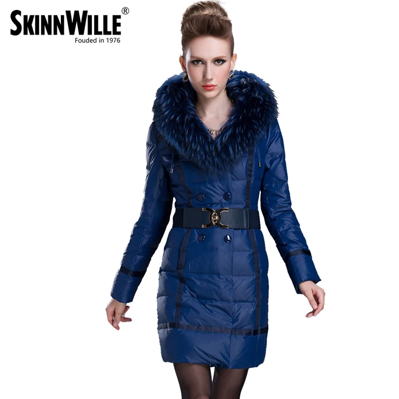 SKINNWILLE теплый пуховик новая зимняя коллекция средняя длина натуральный мех классическое пальто удобный капюшон