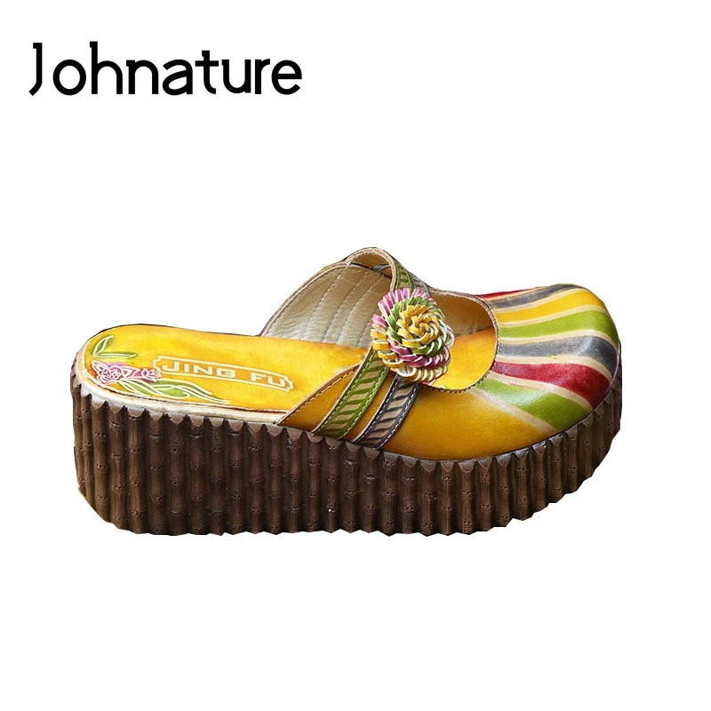 

Johnature Genuine Leather Hand-painted Summer Platform Slippers Flower Outside Slides Wedges National Style Sandals Women Shoes