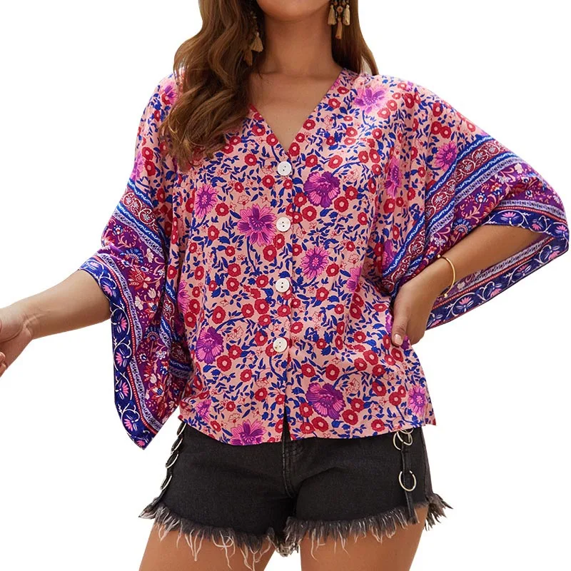 Женская шифоновая рубашка с цветочным принтом V-образным вырезом и пуговицами |