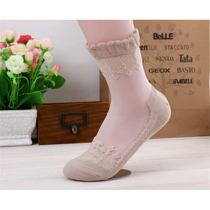 Hot New Fashion Ultrathin Transparent Beautiful Crystal Lace Elastic Short Women Socks Calcetines Pink Sock for female meias | Женская