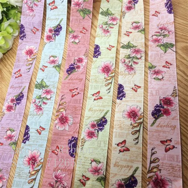 

10 yards Single Face Satin Ribbon Printed Flower 1'' 25mm width ribbon Gift Wrap accessory hairbow diy clothing free shipping
