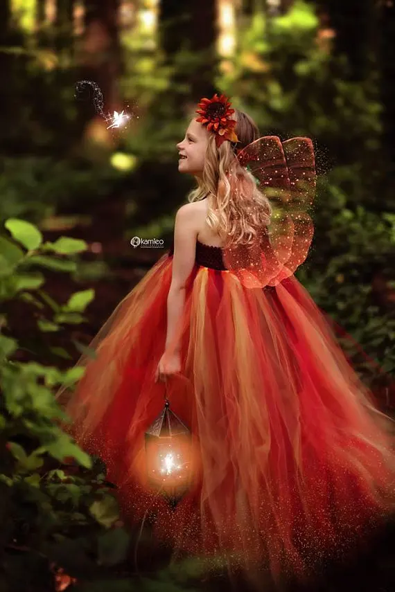 Cute Girls Orange Fairy Tutu Dress Kids Halloween Tulle Ball Gown with Butterfly Wing Children Cosplay Costume Party | Детская одежда и