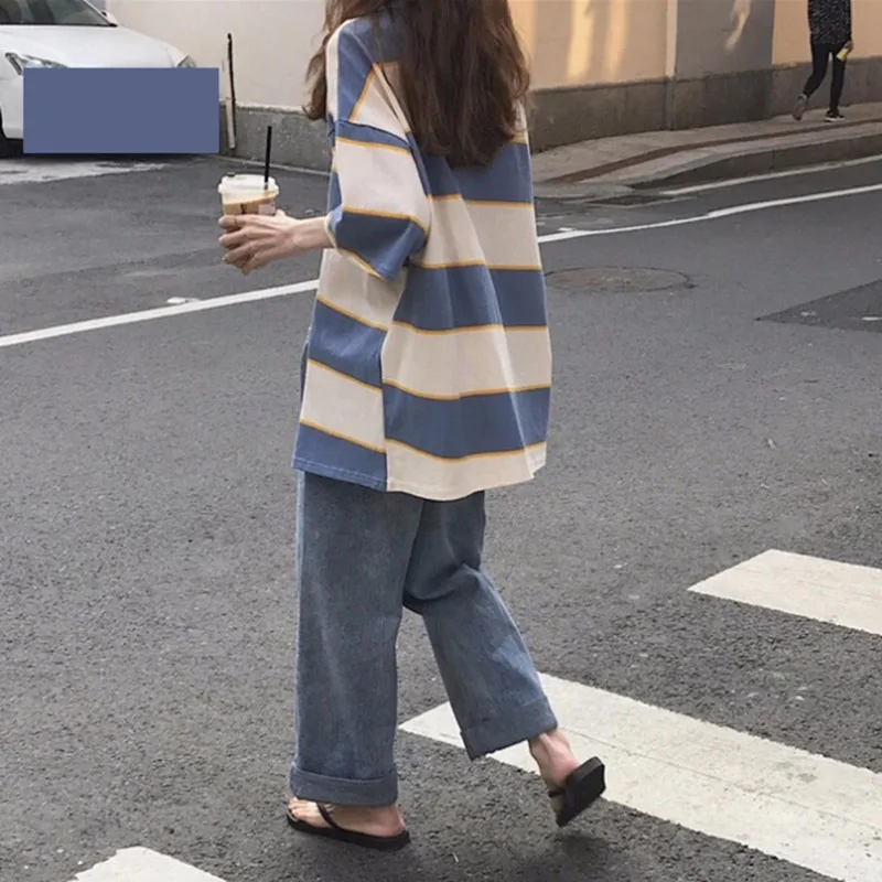 Женская футболка в красно синюю и белую полоску Повседневная Свободная большого