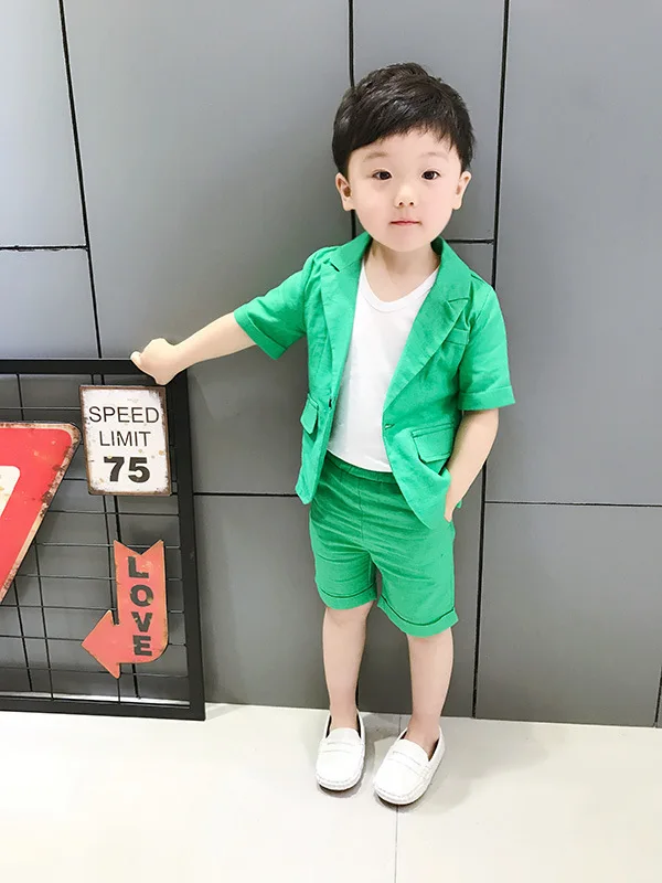 jacket shorts green Г. Строгие костюмы для мальчиков летний блейзер с короткими рукавами из 2 предметов+ шорты детские комплекты одежды для свадьбы костюмы для выпускного вечера - Цвет: jacket shorts green