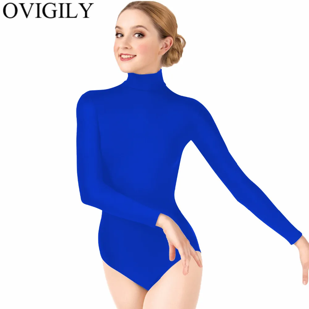 Женское черное трико OVIGILY с длинным рукавом из лайкры для взрослых водолазка