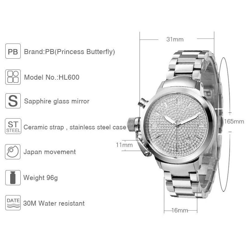 PB Princess Butterfly Роскошные элегантные женские часы с кристальным циферблатом из