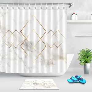 golden geometry rhombus nordic marble texture shower curtain with mat bathroom polyester waterproof fabric for bathtub free global shipping
