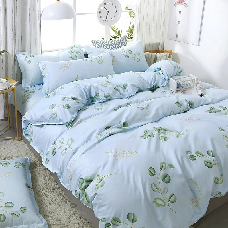 4pcs/set Brief Style Comfortable Green Leaves Printing Family Bedding Set Bed Linings Duvet Cover Sheet Pillowcases | Дом и сад