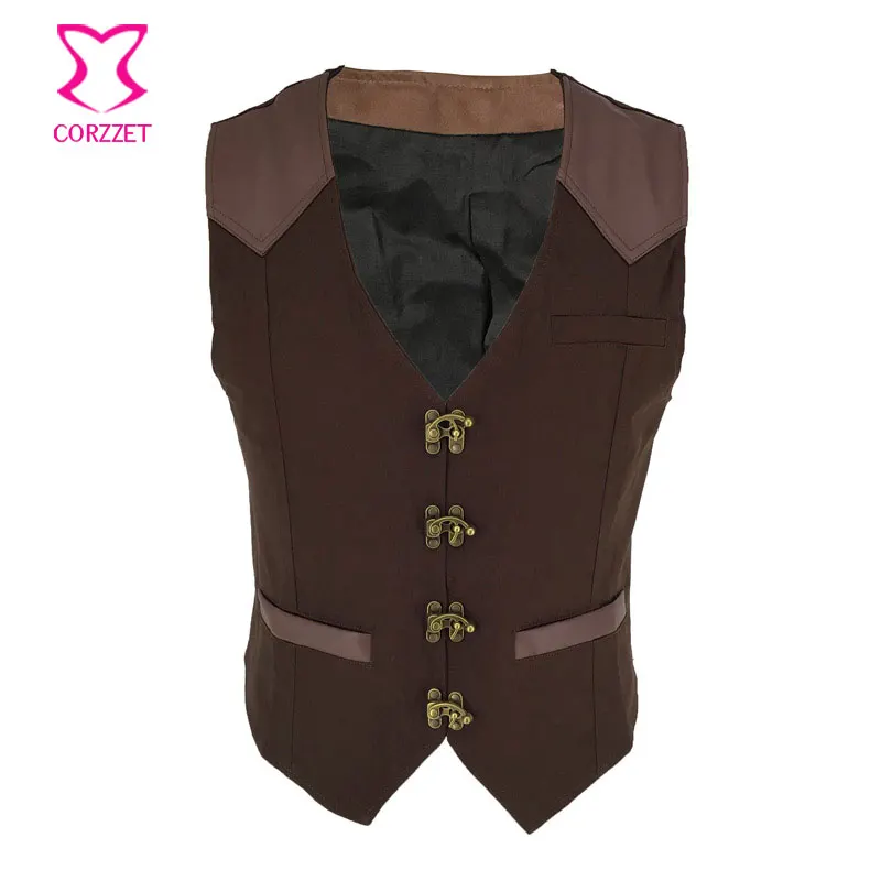 

Brown Sleeveless Medieval Retro Clothes Men Gothic Punk Rock Clothing Steampunk Jacket Victorian Vest Vintage Coat Cosplay Wear