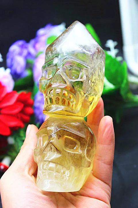 493 г Природный кристалл кварца желтый резной череп из кристалла натуральный камень скульптура и аксессуары для украшения дома