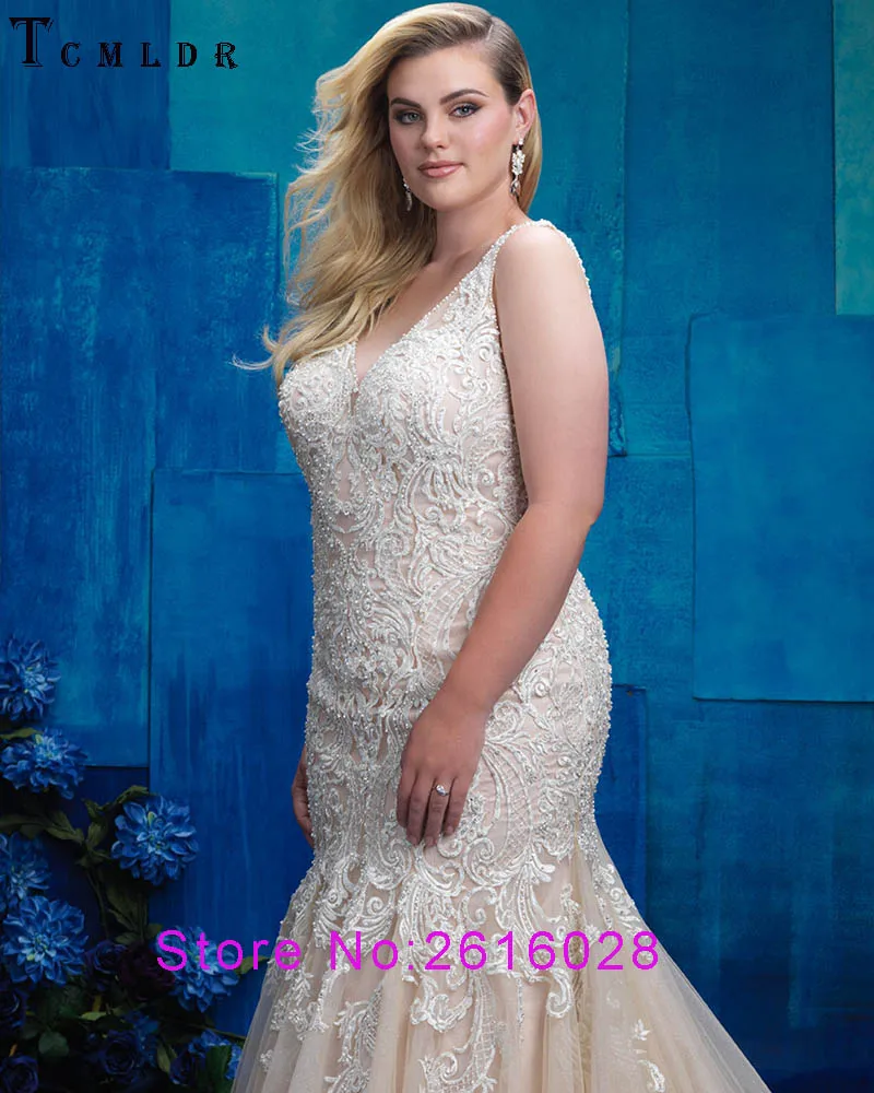 Tcmldr 2017 New Design Plus Size Wedding Dresses Long Mermaid Gowns Sexy Deep V-neck Crystal Beaded Backless Bridal Gown | Свадьбы и