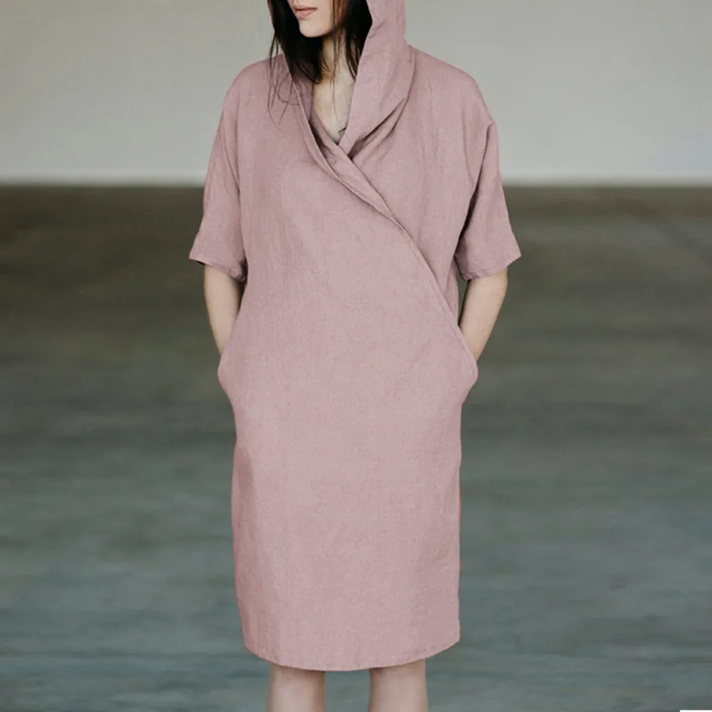 Летнее женское платье 2019 с коротким рукавом из хлопка и льна капюшоном свободные