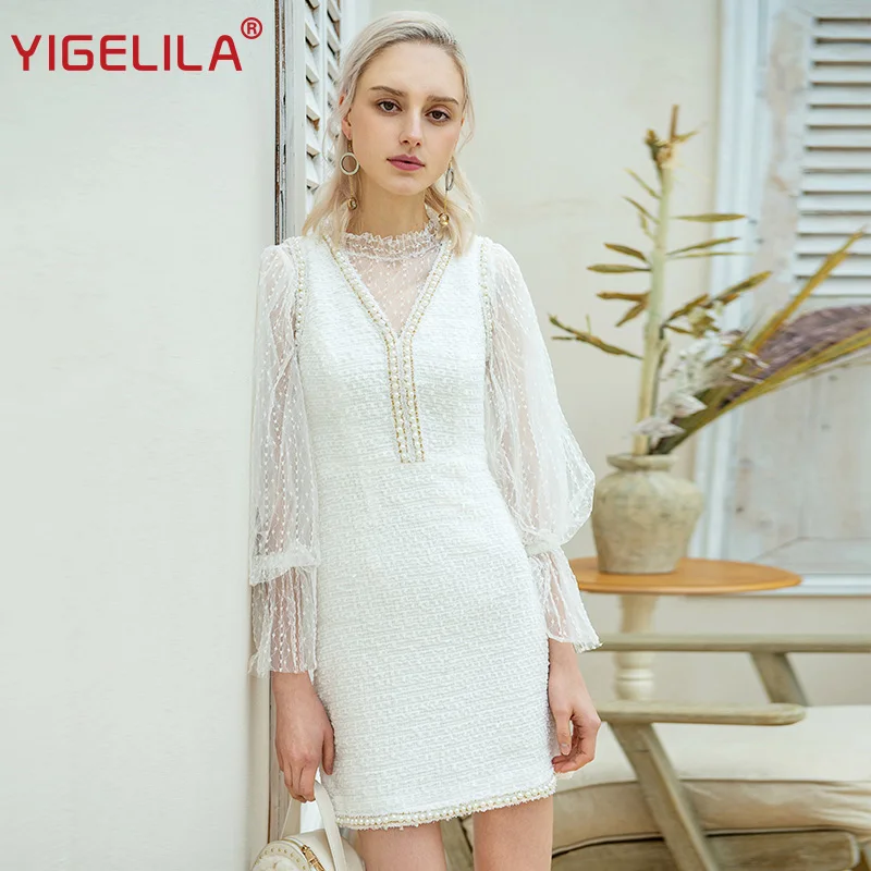 Белый YIGELILA Early Spring Women Lace Dress Fashion Elegant Stand Neck Lantern Sleeve Package Hip Knee Length Dress 64389 - Цвет: Белый