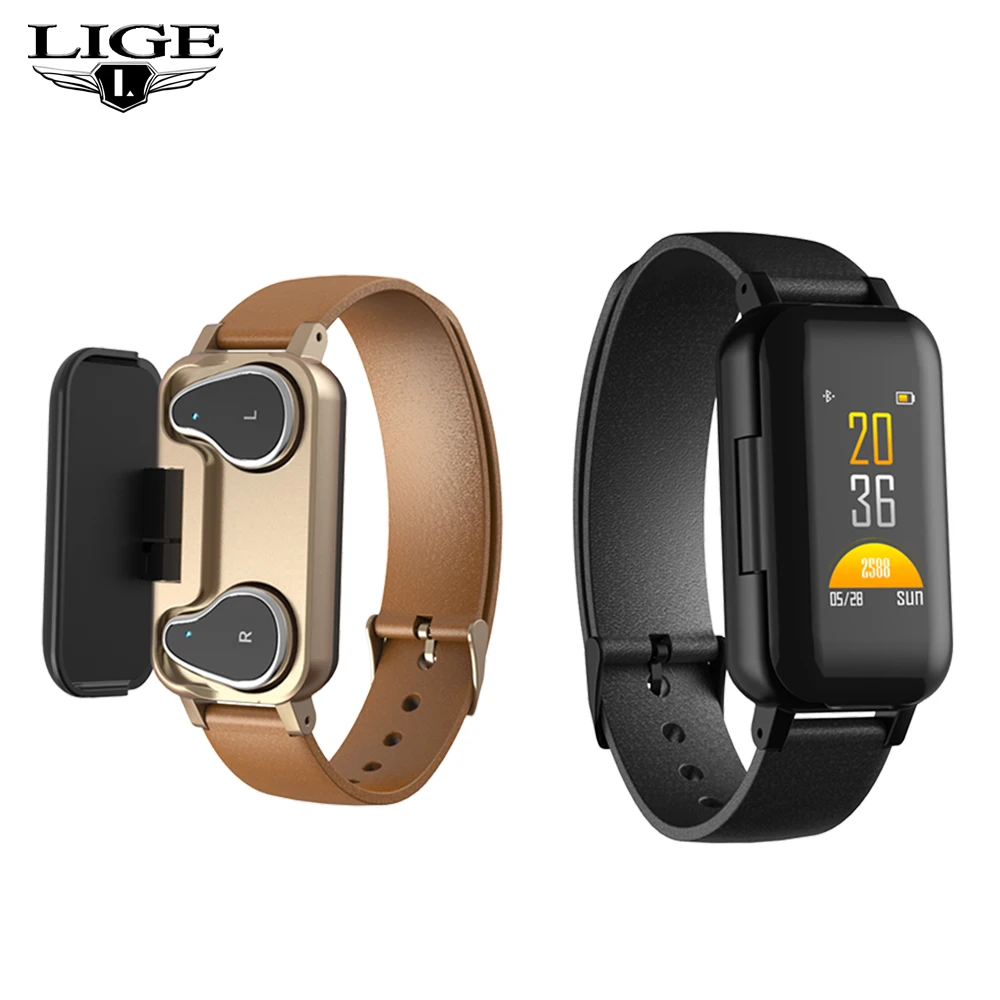 LIGE 2019 Новый TWS Смарт бинауральные Bluetooth наушники фитнес браслет монитор