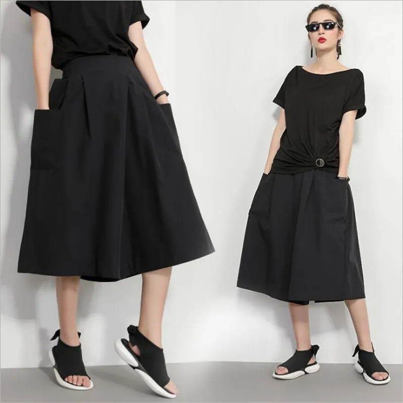 

Брюки женские тонкие большого размера с широкими штанинами, повседневные Модные капри в стиле панк, хип-хоп, с эластичным поясом, лето 2019