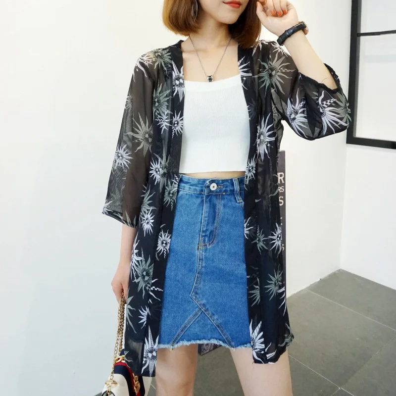 Модная женская рубашка с длинным рукавом Blusas куртка длинная свободная повседневная Sunblock укороченный шифоновый кардиган с принтом кимоно