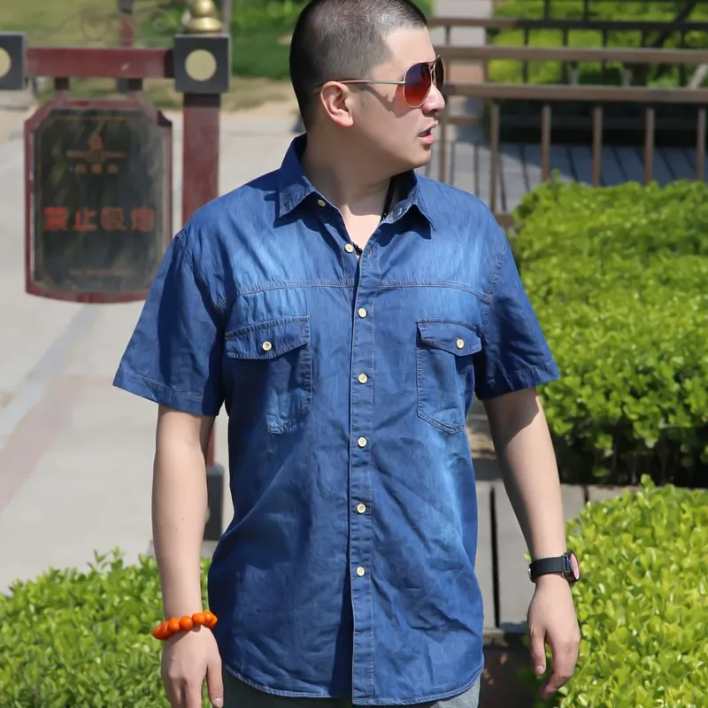 

Plus BIG Large Size Summer Shirt Men 6XL size LOOSE cowboy brand cotton Denim Short thin sleeve solid blue Camping Running shirt