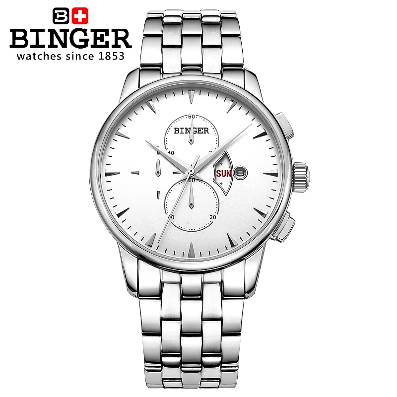 

Switzerland men's watch luxury brand Wristwatches BINGER Quartz full stainless male watch steel Superocean Chronograph BG-0404