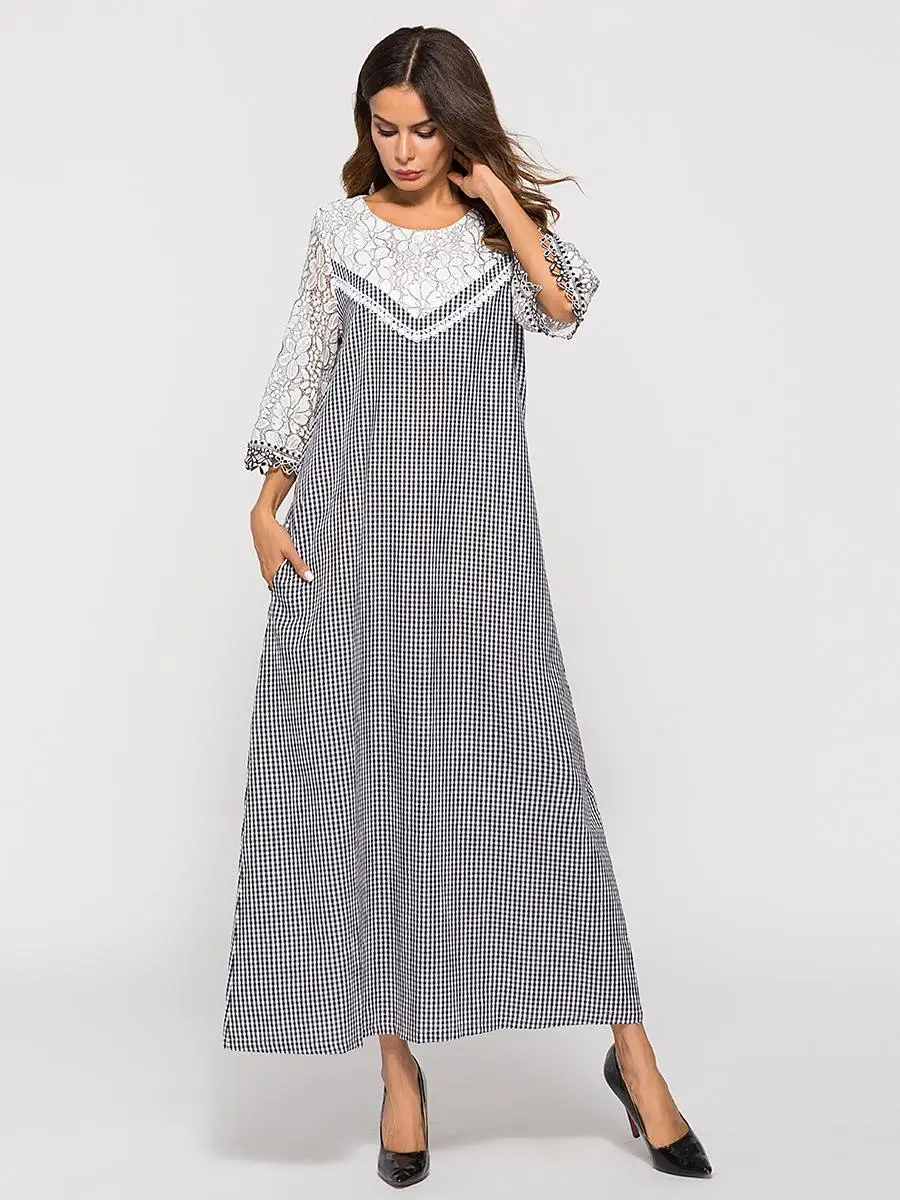 Muslim Women Long Maxi Dress A-line Plaid Lace Patchwork 3/4 Sleeve Abaya Gown Summer O-neck Islamic Clothing Arab | Тематическая