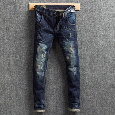 Italian Style Fashion Men Jeans Slim Fit Embroidery Patchwork Ripped Jeans Men Big Pocket Denim Cargo Pants Street Hip Hop Jeans - Цвет: Dark Blue