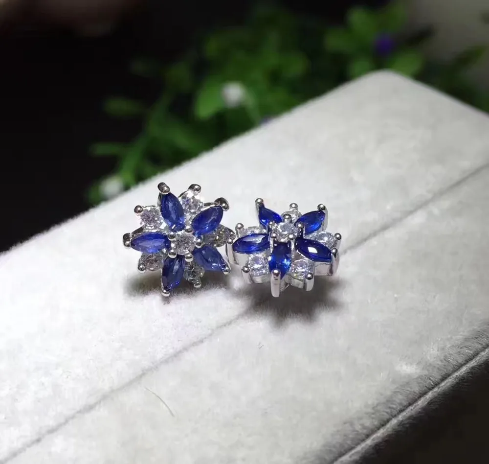 Цветок Стиль синий сапфир серьги-стержни натуральный 925 пробы серебро Бесплатная