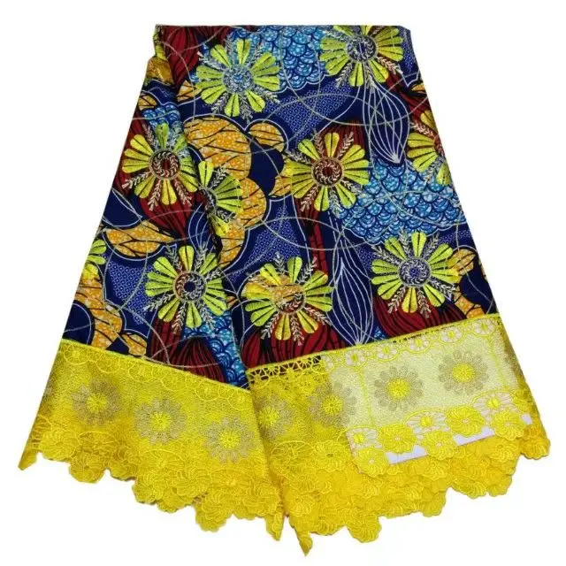 

6 Y/pc Wonderful yellow printed wax fabric with blue water soluble flower design african cord lace for dress LBL30-3