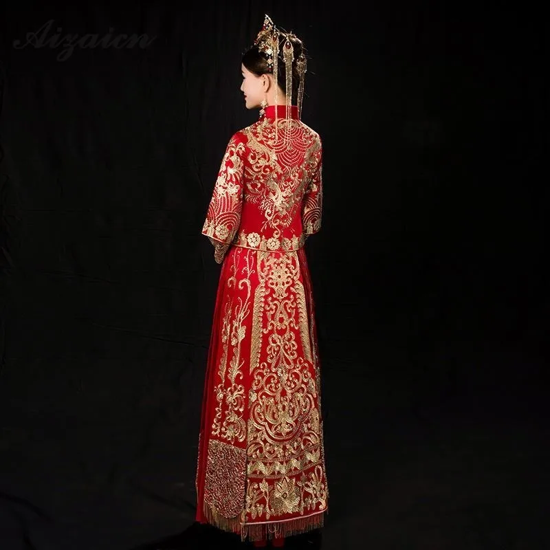 Chinese Traditional Dress Qipao Red Long Sleeve Cheongsam Embroidery Oriental Dresses Wedding Gowns Robe Orientale Vestido Chino |