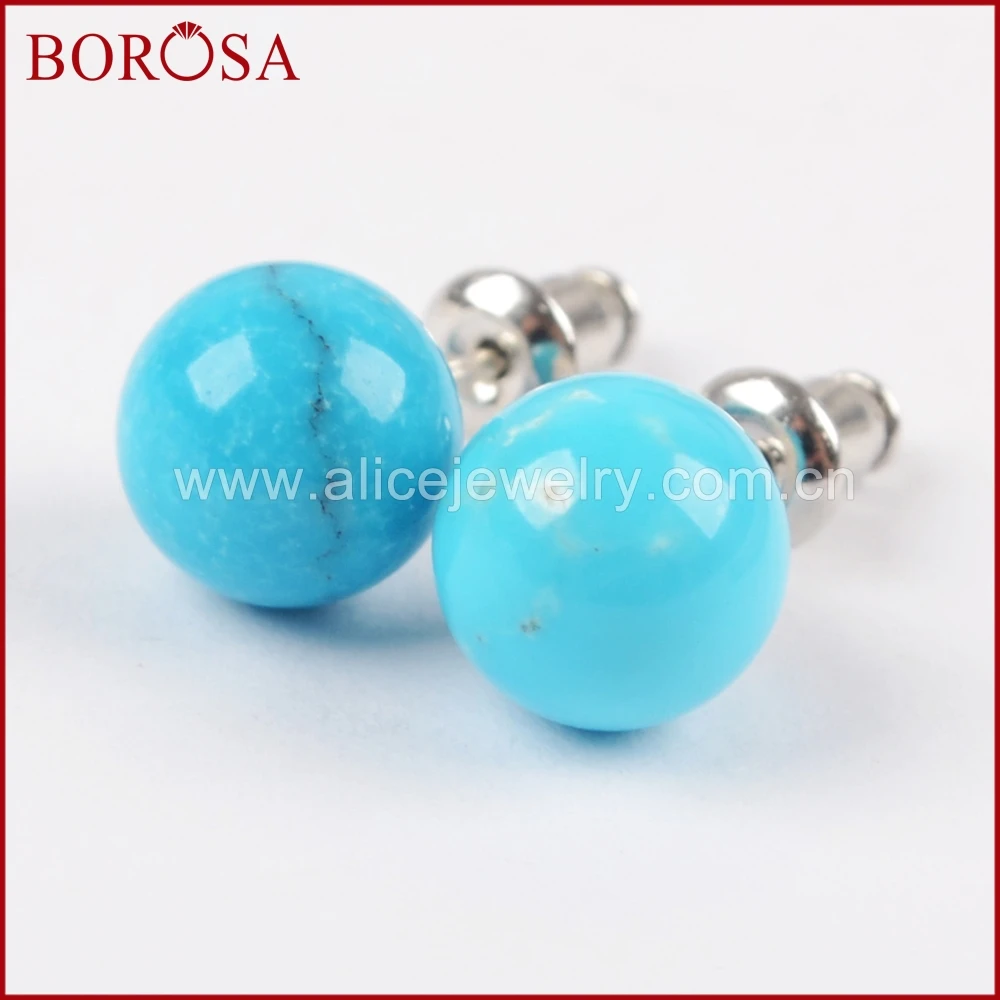 Модные серьги гвоздики BOROSA из чистого серебра 100% натуральная бирюза 92.5%