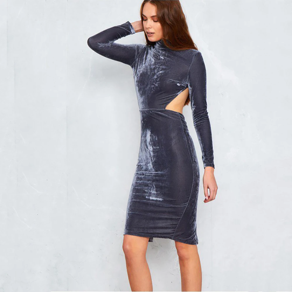 Sheinnet Velvet Skinny Dress Brief Bcakless Bodycon Women Clothing Autumn Elegant Sexy Slim Casual Female Vestido | Женская одежда