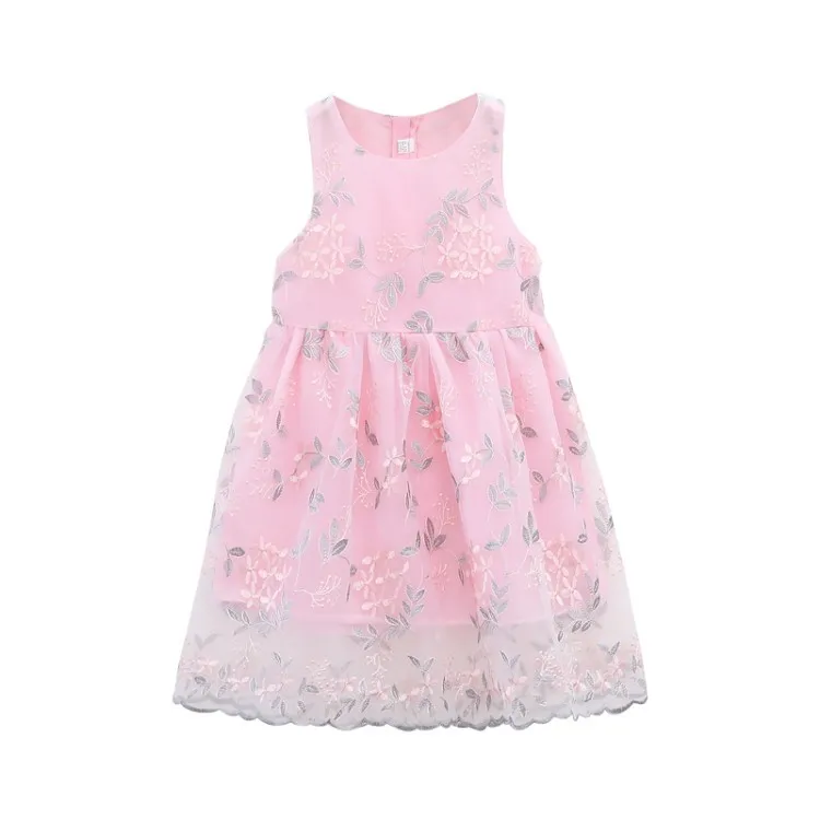 Летнее платье для девочек лето 2019 принцессы без рукавов Цветочная вышивка с