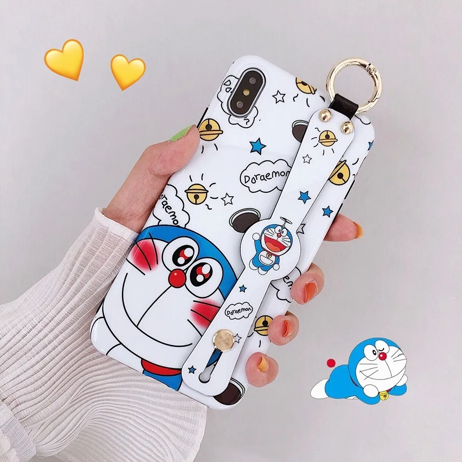 Мультфильм Doraemon Телефон чехол для iPhone 7 8 6 S 6 Plus X XR XS Max Роскошный милый аниме ремешок подставка чехол для iPhone X - Цвет: Белый