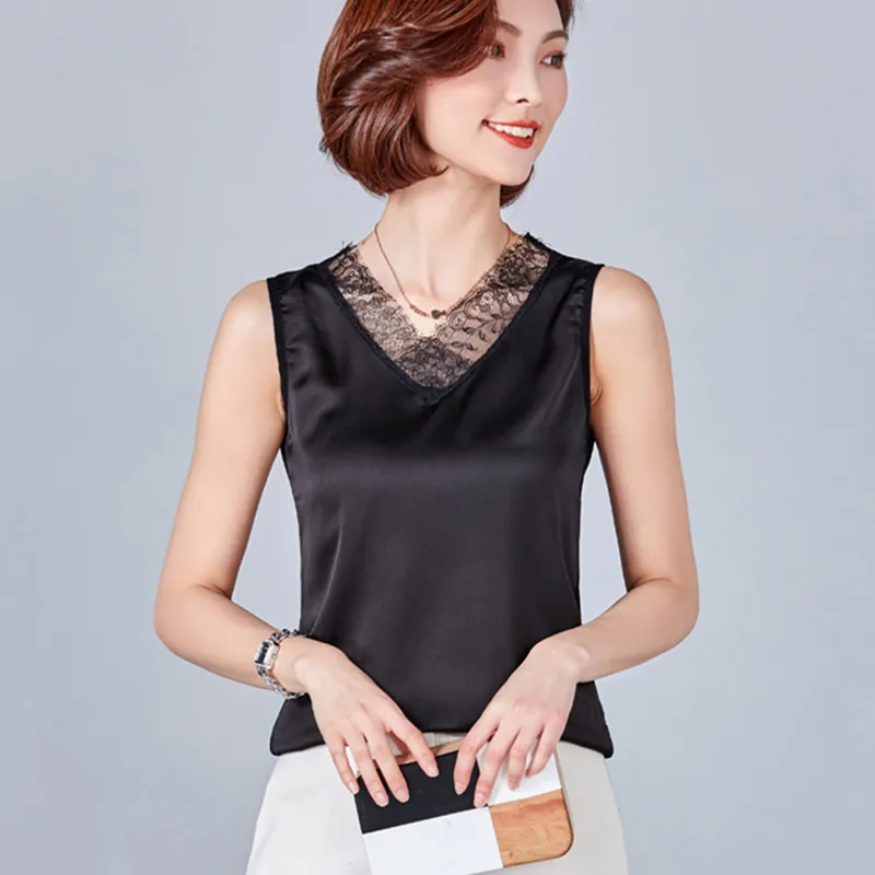 Lace V-Neck Satin Silk Top Sexy Tops for Women Fitness Tank Green Elegant Workwear Women's Sleeveless Plus Size XXXL | Женская