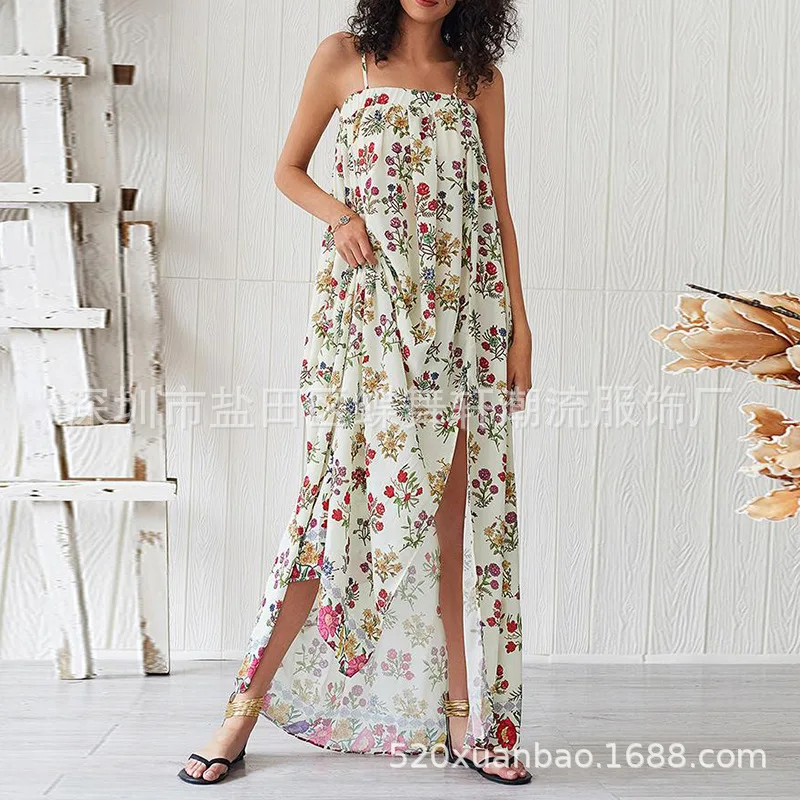 Модное платье-спагетти на бретельках Boho Maxi женское платье без бретелек без рукавов винтажные пляжные платья Цветочные Вечерние платья Vestido