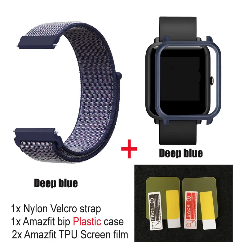deep blue-blue pc 4в1 нейлоновый ремешок для Amazfit ремешок Bip Xiaomi Huami Amazfit Bip браслет ремешок для часов нейлоновая петля наручный ремешок чехол Защитная пленка - Цвет: deep blue-blue pc