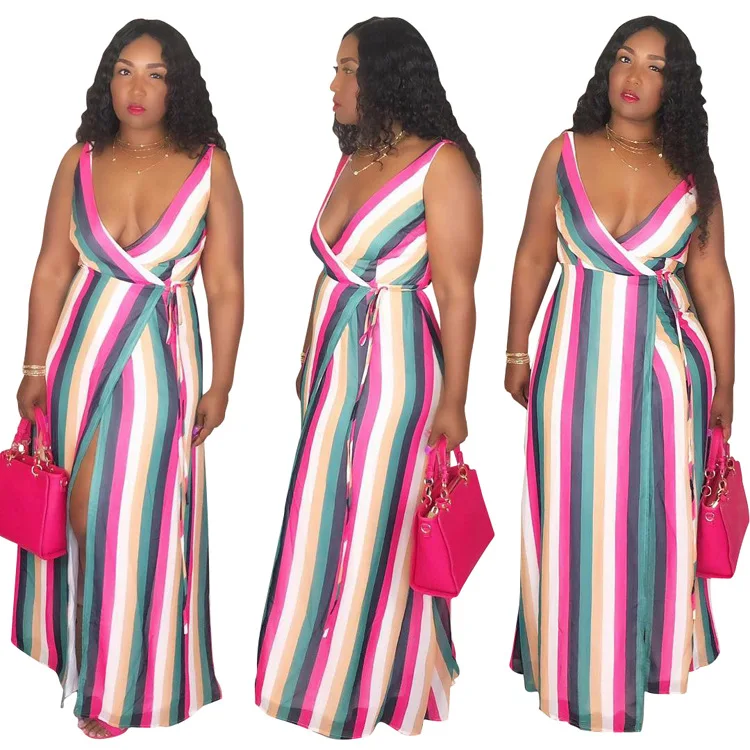 New Women Sexy Sleeveless Deep V-neck Side Slit Maxi Floor Length Party Club Midi Dress Fashion Femlale Striped Print Dresses | Женская