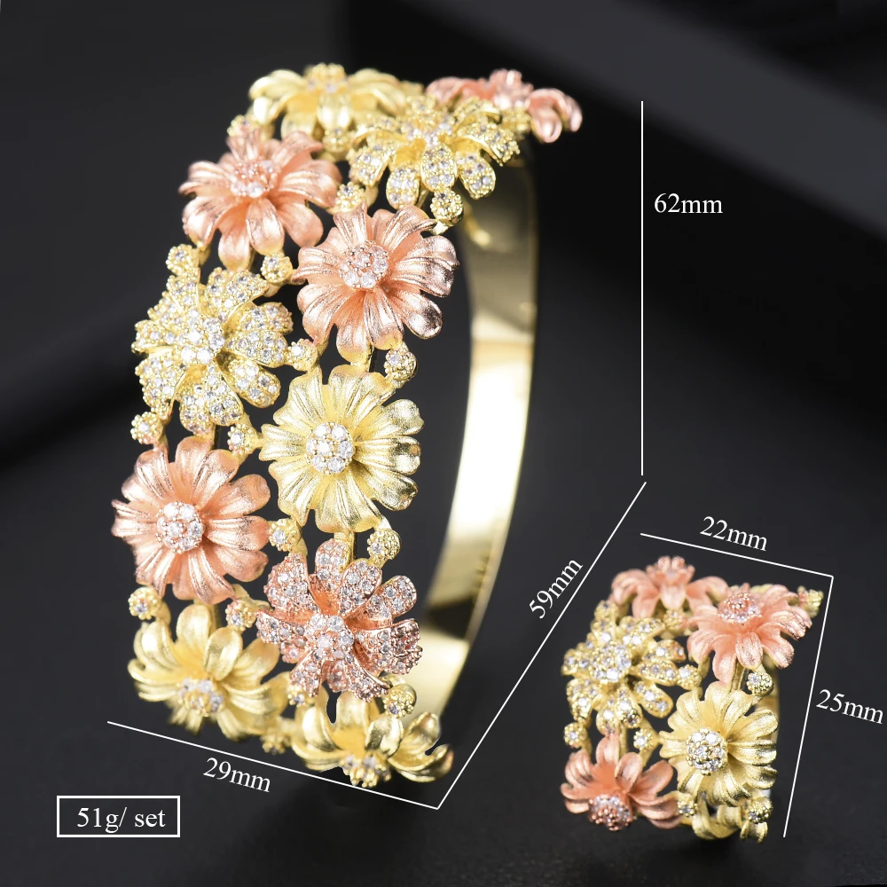 

SISCATHY Luxury Flower Shape Gold Women Bangle Bracelets Cubic Zirconia Inlaid Bridal Wedding Bracelet Ring Jewelry Sets 2019