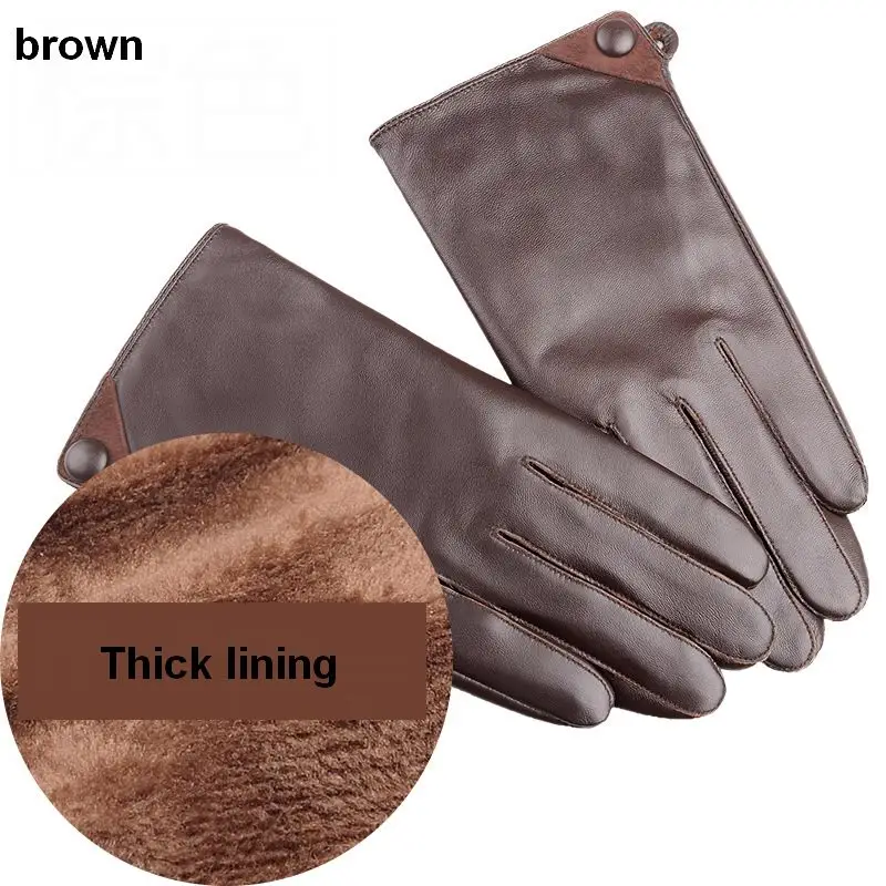 brown - thick lining Мужские зимние перчатки из натуральной овечьей кожи, короткие дизайнерские перчатки с сенсорным экраном из натуральной кожи, сетчатые перчатки для вождения g553 - Цвет: brown - thick lining