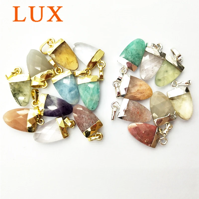 LUX Natural Gem stone Charm White quartz Labradorites Amazonites amethysts Tiny shield Faceted Pendant with Gold color Plated | Украшения и