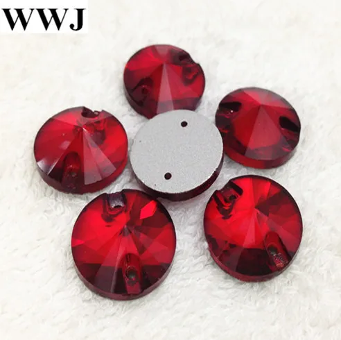18mm,16mm,14mm,12mm,10mm,8mm Sew on Rivoli Stone Siam Red Color Flatback 2 holes Round Sewing Crystal